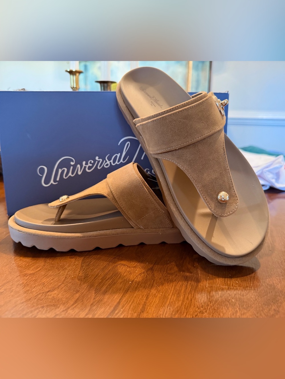 Universal Thread Taupe Suede Thong Sandals with Metallic Accent